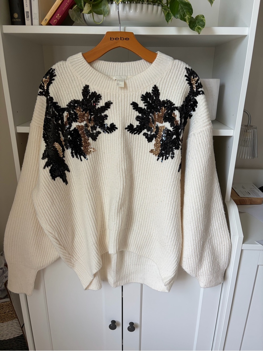 H&M Cream Sequin-Embellished Rib Knit Sweater